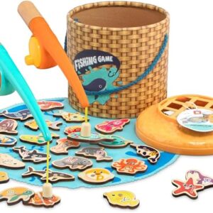 TOP BRIGHT Magnetic Fishing Game for Kids with 2 Fishing Rods, Toddler Magnetic Fishing Toy with 26 Wooden Ocean Animals, Montessori Toys for 2 Years Old Boys Girls