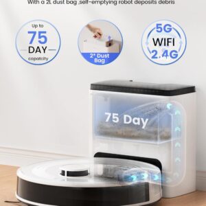 Lefant M2 Plus Robot Vacuum and Mop, 75-Day Self-Emptying, 6000Pa Powerful Suction, 2.4G/5G WiFi, Customized Cleaning, Home Mapping, Roller Brush for Carpet, Alexa/APP/iWatch