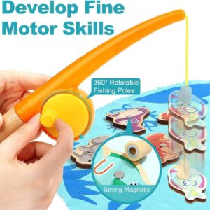 TOP BRIGHT Magnetic Fishing Game for Kids with 2 Fishing Rods, Toddler Magnetic Fishing Toy with 26 Wooden Ocean Animals, Montessori Toys for 2 Years Old Boys Girls