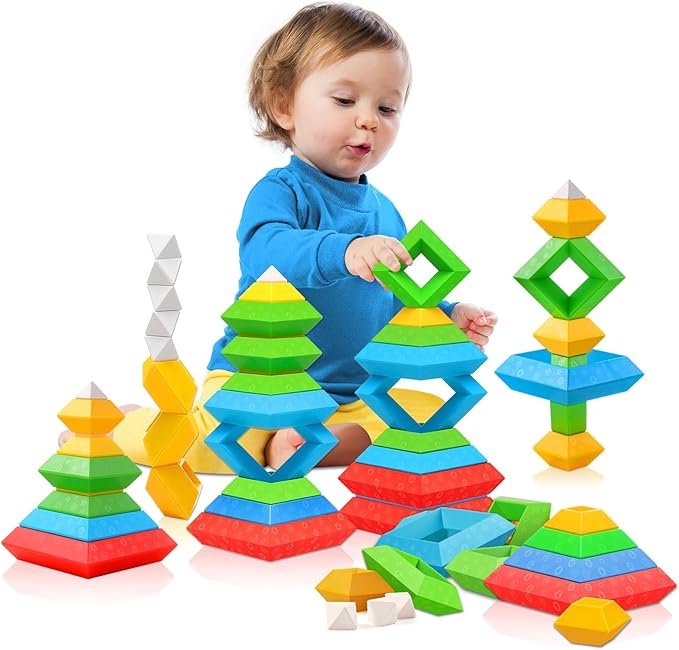 Montessori Toys for 3 4 5 Year Old Boy Girl 30Pcs Stacking Building Blocks Preschool Learning Activities STEM Manipulatives Toddler Toys Gifts for Kids