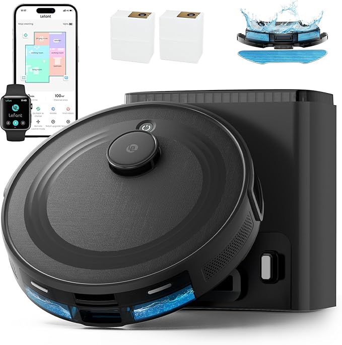 Lefant M2 Plus Robot Vacuum and Mop, Strong Suction with LiDAR Navigation, 75-Day Self-Emptying, 2.4/5G Wi-Fi/App/Alexa, 190° PSD Obstacle Avoidance, Hard Floors and Carpet, Black