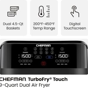 Chefman TurboFry 9-Qt. Dual-Basket Air Fryer with Sync Finish, One-Touch Digital Control, & Shake Reminder for Quick, Healthy, Family-Sized Meals, Black