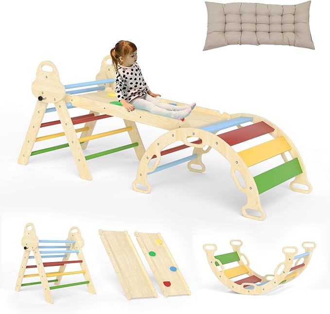 Pikler Triangle Set 7in1 Toddler Climbing Toys Indoor Foldable Baby Climbing Toys Wooden Montessori Set with Arch, Ramp, Ladder for 1-3 Years, Jungle Gym for Kids