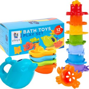 TECHNOK Baby Bath Toys for Toddlers – 12 pcs Rainbow Stacking Cups Baby Toy with Bath Boats Train and Toddler Watering Can – Stackable Plastic Bath Toys – Sea Animal Shapes Bath Toy for Girls and Boys