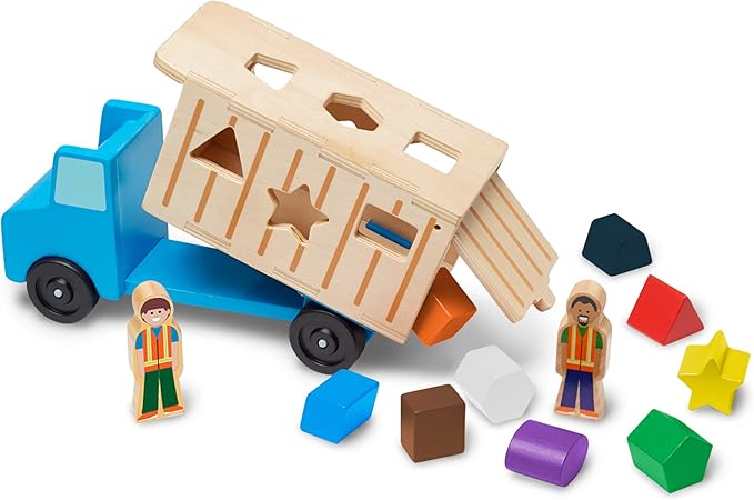 Melissa & Doug Shape-Sorting Wooden Dump Truck Toy with 9 Colorful Shapes and 2 Play FiguresWooden Vehicle Toys, Shape Sorter Toys for Toddlers Ages 2+
