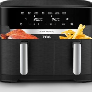 T-fal XXL Dual Air Fryer, 11.6 Quart, 7 in 1 cooking programs, dual basket air fryer, airfryer, extra crisp, roast, bake, reheat, dehydrate, sync mode, Dishwasher Safe components, Black