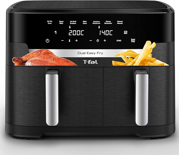 T-fal XXL Dual Air Fryer, 11.6 Quart, 7 in 1 cooking programs, dual basket air fryer, airfryer, extra crisp, roast, bake, reheat, dehydrate, sync mode, Dishwasher Safe components, Black