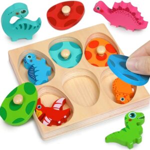 Wooden Puzzles for Toddlers 1-3 Montessori Toys for 1 Year Old Boy Girl Birthday Easter Gifts Dinosaur Match Eggs Peg Puzzles Preschool Learning Toys for Toddlers Age 1