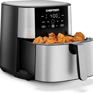 Chefman TurboFry® Touch Air Fryer, XL 8-Qt (7.5L) Family Size, One-Touch Digital Control Presets, French Fries, Chicken, Meat, Fish, Nonstick Dishwasher-Safe Parts, Automatic Shutoff, Stainless Steel