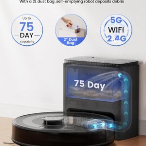 Lefant M2 Plus Robot Vacuum and Mop, Strong Suction with LiDAR Navigation, 75-Day Self-Emptying, 2.4/5G Wi-Fi/App/Alexa, 190° PSD Obstacle Avoidance, Hard Floors and Carpet, Black