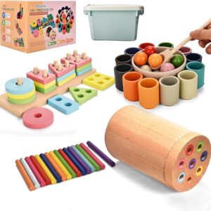 Montessori Toys for 1-3 Year,3 in 1 Wooden Learning Fine Motor Skills Toys Rainbow Color Sorting Toy for Toddlers - Preschool Color Matching, Educational Color Recognition ShapeSorter Boys Girls Gifts