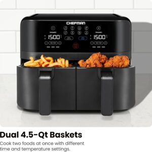 Chefman TurboFry 9-Qt. Dual-Basket Air Fryer with Sync Finish, One-Touch Digital Control, & Shake Reminder for Quick, Healthy, Family-Sized Meals, Black