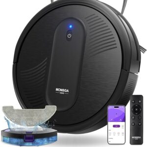 MONSGA Robot Vacuums and mop, Powerful Suction Robotic Vacuum, 140Min Runtime, Vacuum Robot for Hard Floor, Low Pile Carpet, Pet Hair, Remote/App/Voice Control, Schedule Clean (Black)