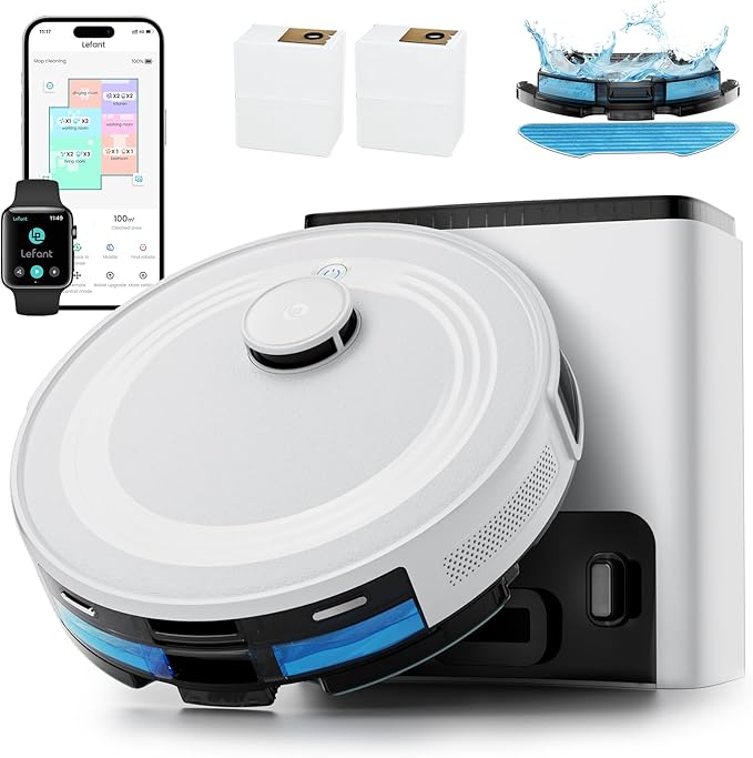 Lefant M2 Plus Robot Vacuum and Mop, 75-Day Self-Emptying, 6000Pa Powerful Suction, 2.4G/5G WiFi, Customized Cleaning, Home Mapping, Roller Brush for Carpet, Alexa/APP/iWatch