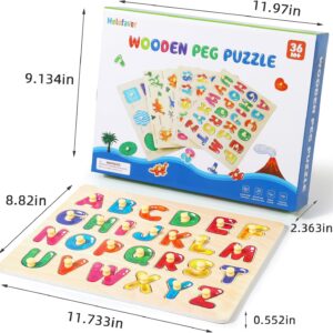 Montessori Wooden Peg Puzzles for Toddlers 3 4 5 Year Old, 4 Pcs Kids Educational Toys Preschool Learning Activities-Alphabet, Shape, Number and Dinosaur, Baby Puzzle Gifts for Boys Girls