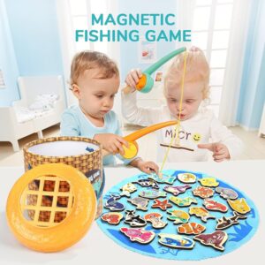 TOP BRIGHT Magnetic Fishing Game for Kids with 2 Fishing Rods, Toddler Magnetic Fishing Toy with 26 Wooden Ocean Animals, Montessori Toys for 2 Years Old Boys Girls