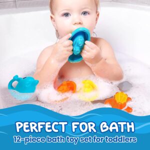 TECHNOK Baby Bath Toys for Toddlers – 12 pcs Rainbow Stacking Cups Baby Toy with Bath Boats Train and Toddler Watering Can – Stackable Plastic Bath Toys – Sea Animal Shapes Bath Toy for Girls and Boys