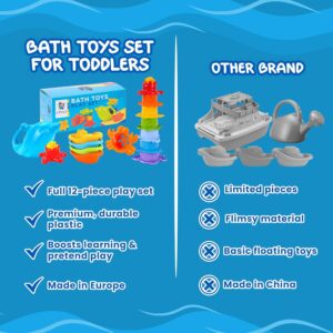 TECHNOK Baby Bath Toys for Toddlers – 12 pcs Rainbow Stacking Cups Baby Toy with Bath Boats Train and Toddler Watering Can – Stackable Plastic Bath Toys – Sea Animal Shapes Bath Toy for Girls and Boys