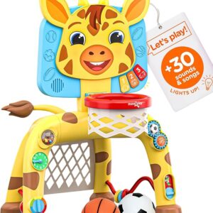 Move2Play, Giraffe Basketball Hoop & Soccer Goal Activity Center | 30+ Sounds & Lights | 1, 2, 3+ Year Old Birthday Present | 6, 12, 18, 24+ Month Toy for Baby, Toddler, Boys, & Girls