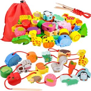 Preschool Montessori Wooden Threading Toys with Animals Fruits Number Alphabet Traffic Beads for Kids Toddler - Best Toy Gifts