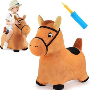 iPlay, iLearn Bouncy Pals Brown Hopping Horse, Inflatable Ride On Animal Hopper Toys, Indoor n Outdoor Plush Bounce W/Pump, Jumping Birthday Gift for 18 24 Month 2 3 4 5 Year Old Toddler Kid Boy Girl