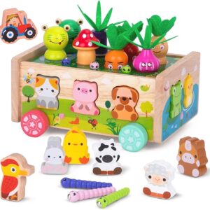 Montessori Wooden Toddler Toys for 1 2 3 Years Old Boys Girls, Shape Sorting Toys First Birthday Gifts for 1-2 Years, Wood Animal Farm Car Preschool Educational Fine Motor Skills Toy