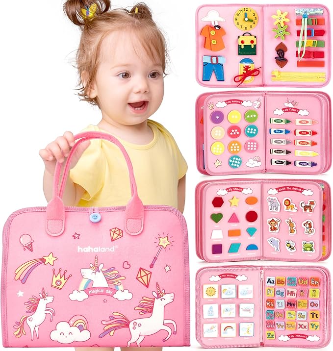 hahaland Toddler Busy Board – Montessori Toys for Girl Toys Gifts, Busy Board for Toddlers Girl, Activity Busy Book Educational Toddler Travel (Unicorn)