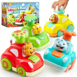 JOYIN Jungle Fun Press & Go Car Set - Adorable Elephant, Monkey, Giraffe, Lion - Toddler's Play Period Adventure Push Go Toy for Toddler Birthday Gift