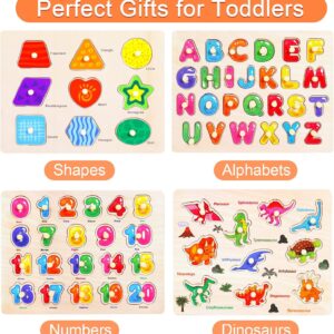 Montessori Wooden Peg Puzzles for Toddlers 3 4 5 Year Old, 4 Pcs Kids Educational Toys Preschool Learning Activities-Alphabet, Shape, Number and Dinosaur, Baby Puzzle Gifts for Boys Girls
